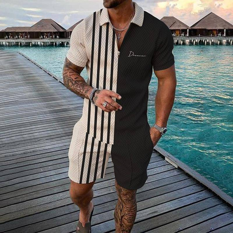 Neues modisches Poloshirt-Set mit Reißverschluss für Herren, lässig, mit 3D-Druck, kurzärmelige Hemden und Shorts_voghion.com