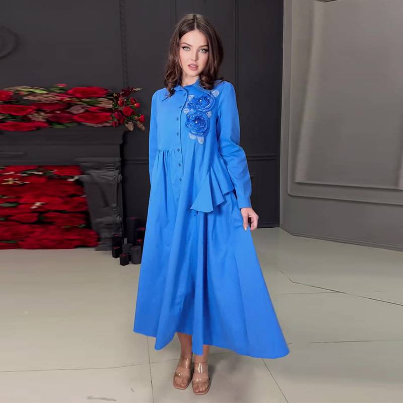 Autumn New Women's 3D Floral Print Elegant Long Sleeve Dress With Lapel Collar - Royal Blue, Sizes XS To XXXL_voghion.com