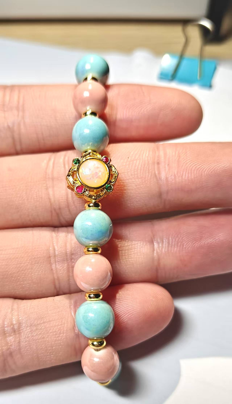 Jingdezhen Handmade Ceramic Bead Bracelet: Artisan - Crafted With Pastel Color - Block Design, Opal - Inlaid Charm & Gold Accents For Daily Elegance_voghion.com