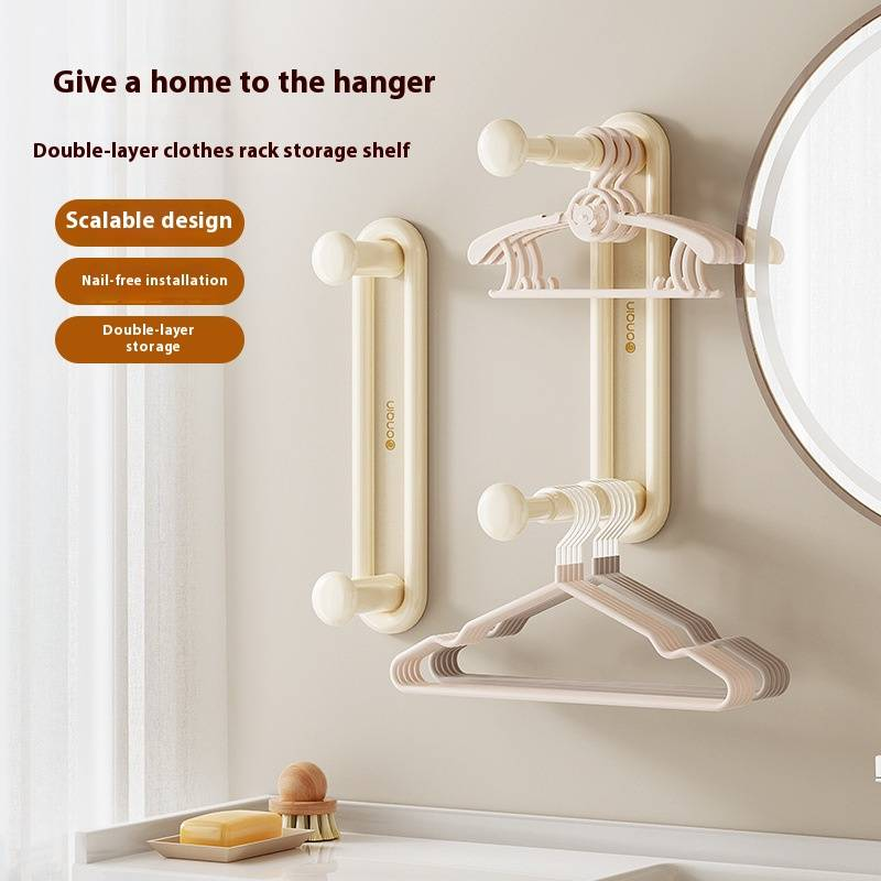 Expandable 2-Tier Wall-Mounted Hanger Organizer – Space-Saving No-Drill Storage Rack For Closet, Bathroom & Laundry_voghion.com