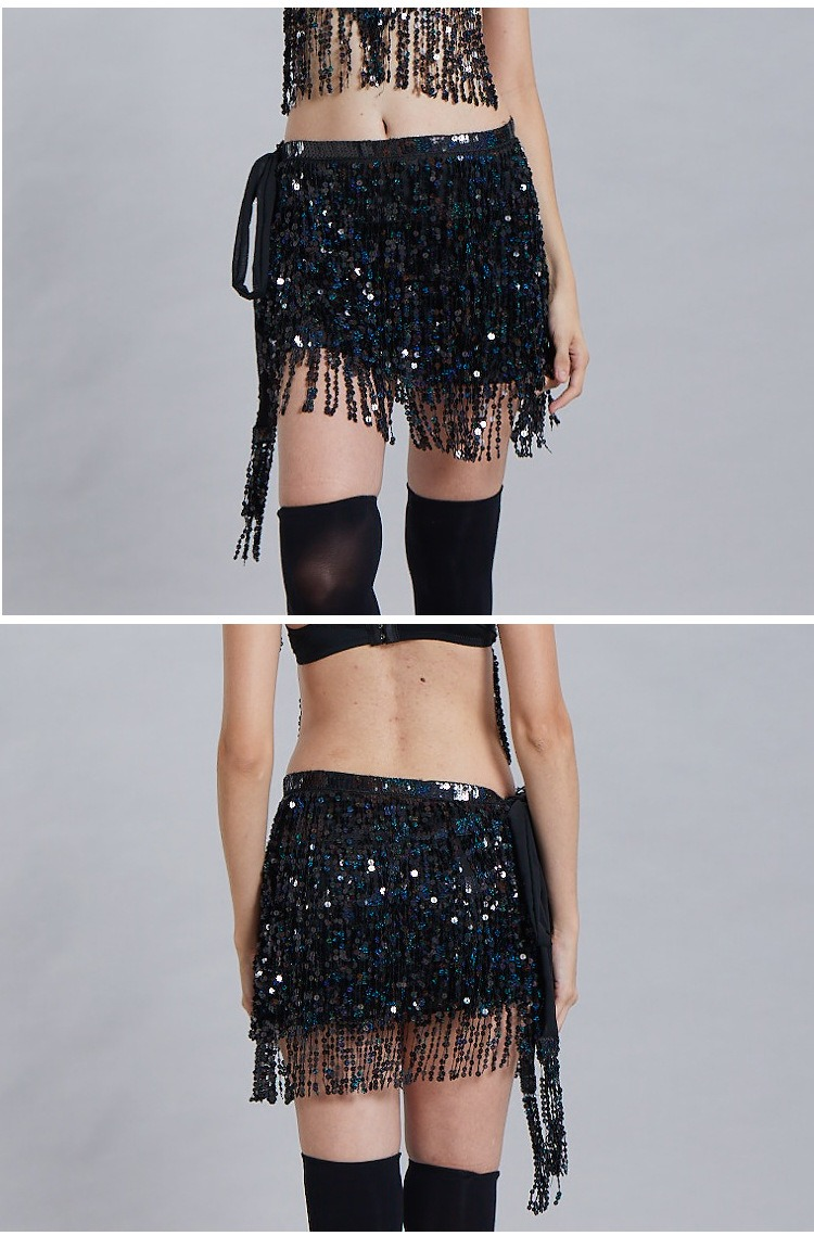 Chaîne de taille pour danse du ventre d'Halloween, serviette de hanche indienne, serviette de hanche à franges à paillettes bohème, costume de scène DS Performance_voghion.com