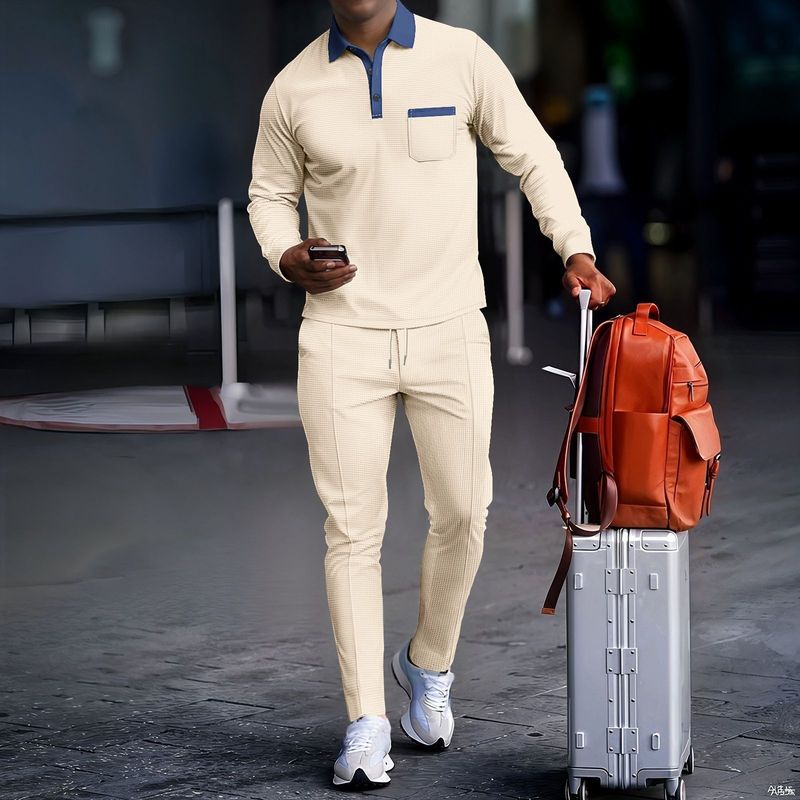 Completo casual da uomo in maglia a nido d'ape - Camicia traspirante a maniche lunghe e pantaloni comodi (4 colori, dalla S alla XXXL) | Abbigliamento versatile per l'ufficio e l'outdoor_voghion.com