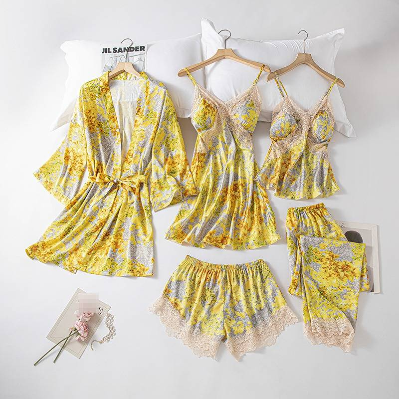 Pigiama in seta ghiacciata – Pigiama estivo da donna, 5 pezzi, con spalline regolabili e imbottitura sul petto (M-XXL, nero/viola chiaro/bianco/pesca/giallo/rosa)_voghion.com
