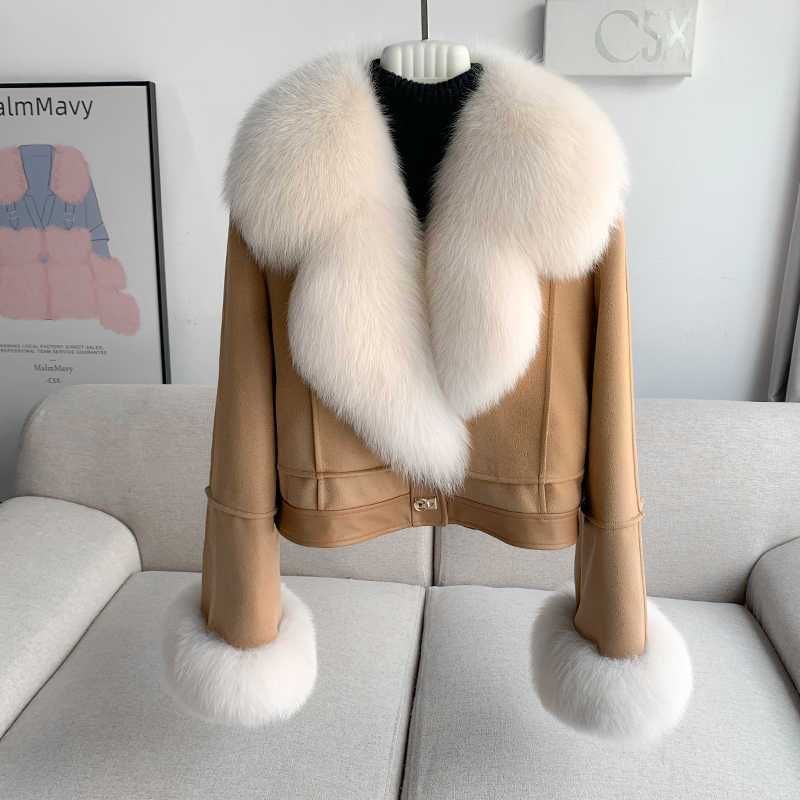 Giacca corta con collo in pelliccia sintetica di alta qualità e piumino d'anatra bianco al 90% - Elegante cappotto da motociclista in pelle scamosciata per il calore e la moda invernali_voghion.com