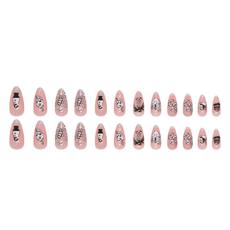 Faux ongles doux et cool, rose foncé, tête de mort, paillettes françaises, Halloween, femme, mi-long, amande, porter des ongles_voghion.com