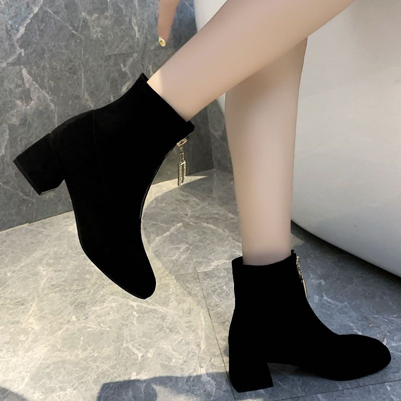 Martin Women's English Style Versatile New Suede Thick Heel Slim Front Zipper Short Boots 2023 Autumn/Winter_voghion.com