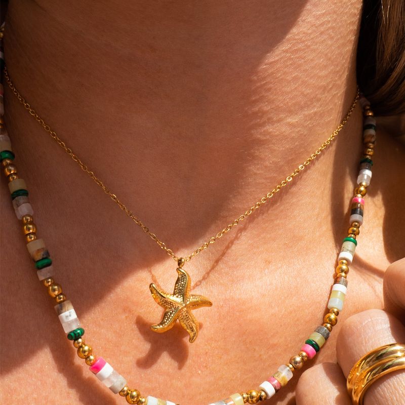 Women's Jewelry Fashion Niche Clavicle Necklace Starfish Pendant Gold Stainless Steel Thread Circle Pendant Necklace_voghion.com