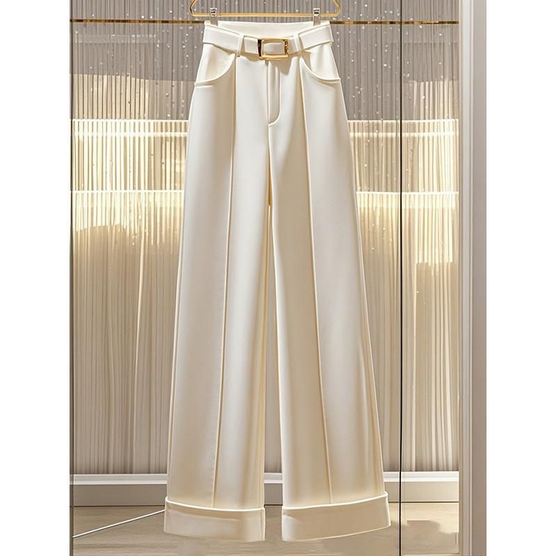 Damenbekleidung: Vielseitige weiße, gerade, lässige Hosen mit weitem Bein für Pendler, Mode mit hoher Taille, drapierte, wischende lange Hosen in diesem Jahr für den Herbst_voghion.com
