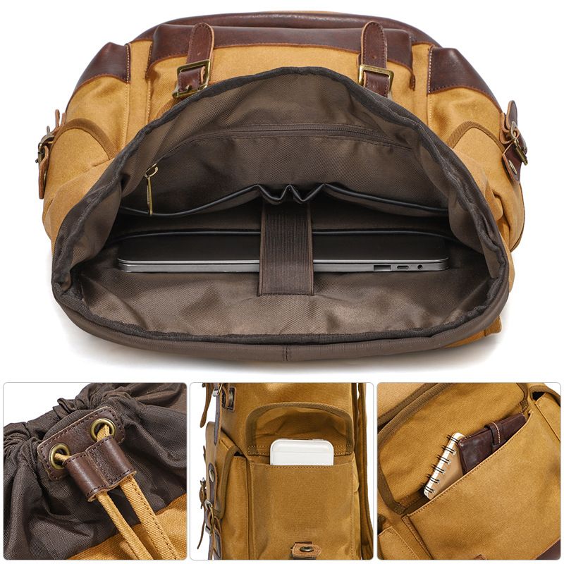 Canvas Rucksack, Casual Männer Rucksack, Retro Top Schicht Kouleder, Outdoor Reesrucksak waasserdicht_voghion.com