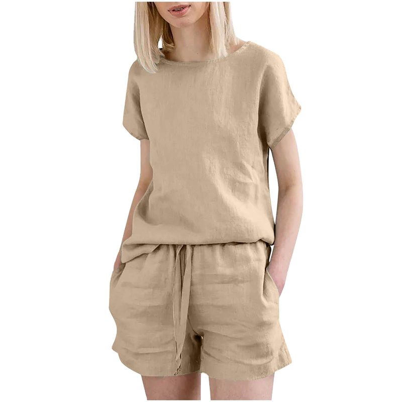Tuta da donna con maniche corte, in cotone e lino, stile retrò, casual, tinta unita, con coulisse e pantaloncini._voghion.com