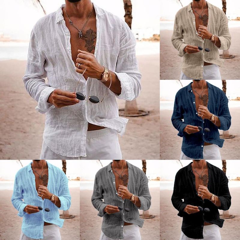 2023 New Men's Shirt Solid Color Loose Single-Breasted Turn-Down Collar Cotton Linen Long Sleeve Top_voghion.com