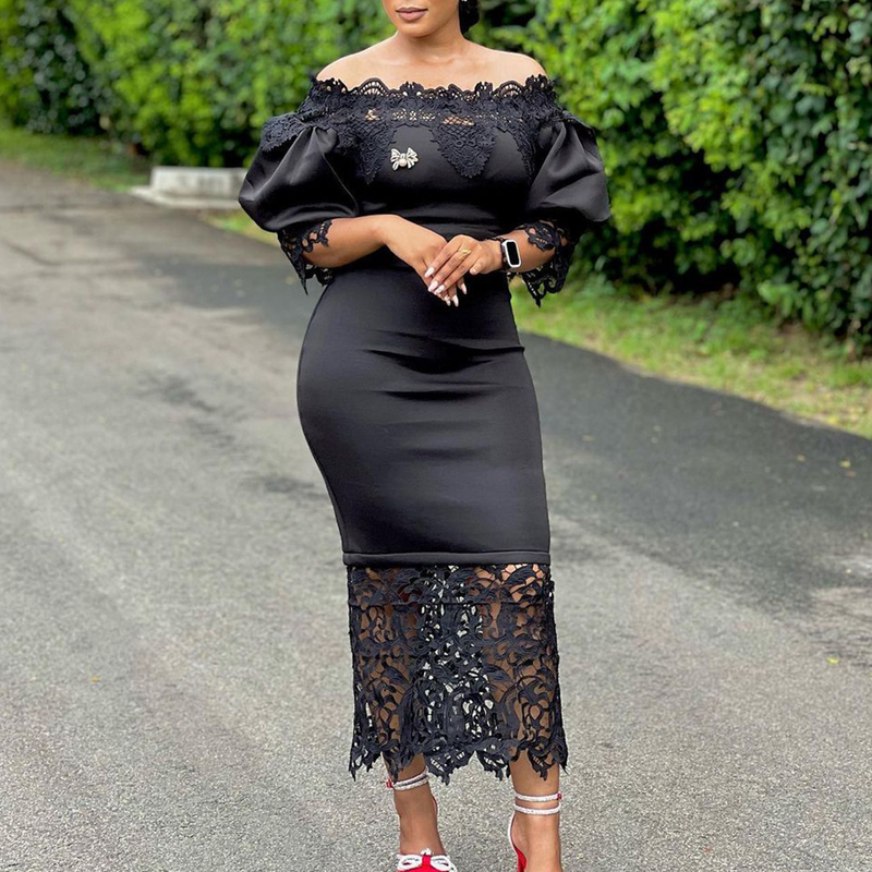 Herbst Neuheiten Afrikanische Plus Größe frauen Mode Elegante Spitze Splice Eine Linie Hals Kleid Party Prom Maxi Dresses168_voghion.com