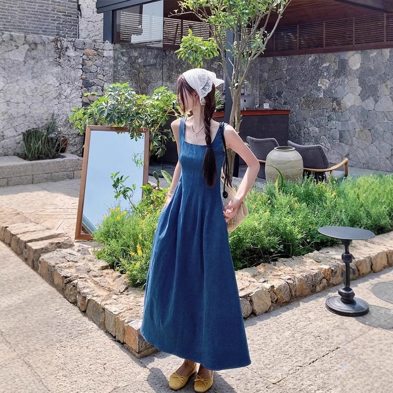 Blue Mist Love French Cowboy Dress For Women's Summer, With A Niche Design Sense, Waist Cinching Temperament, Suspender_voghion.com