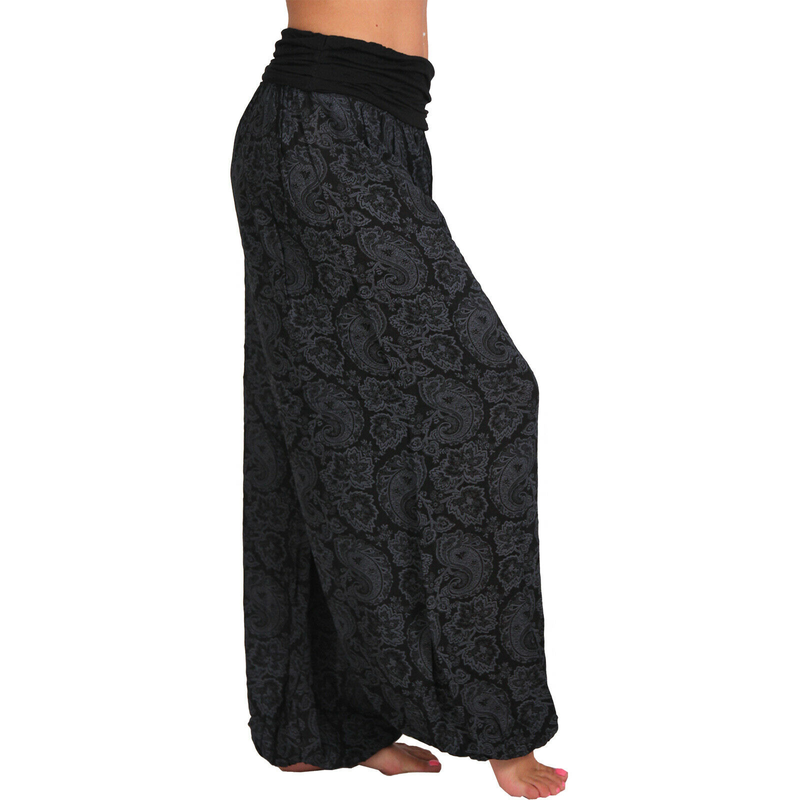 Roupas femininas Impressão digital Calças longas e largas Calças casuais Calças harém_voghion.com
