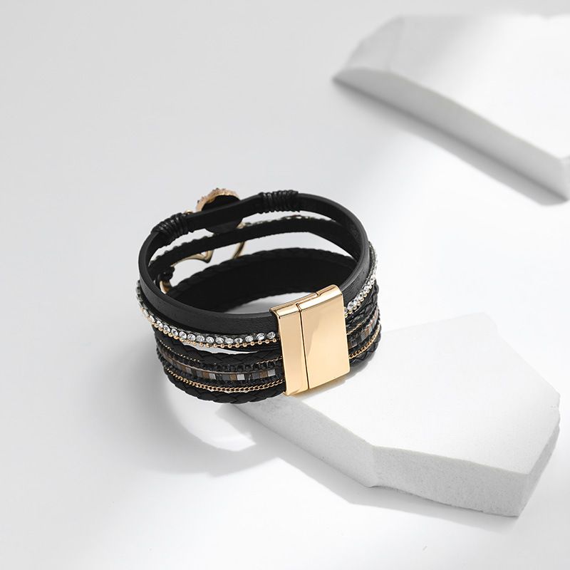 Set di bracciali a strati bohémien - Bracciale rigido regolabile a cuore aperto e catena con perline_voghion.com