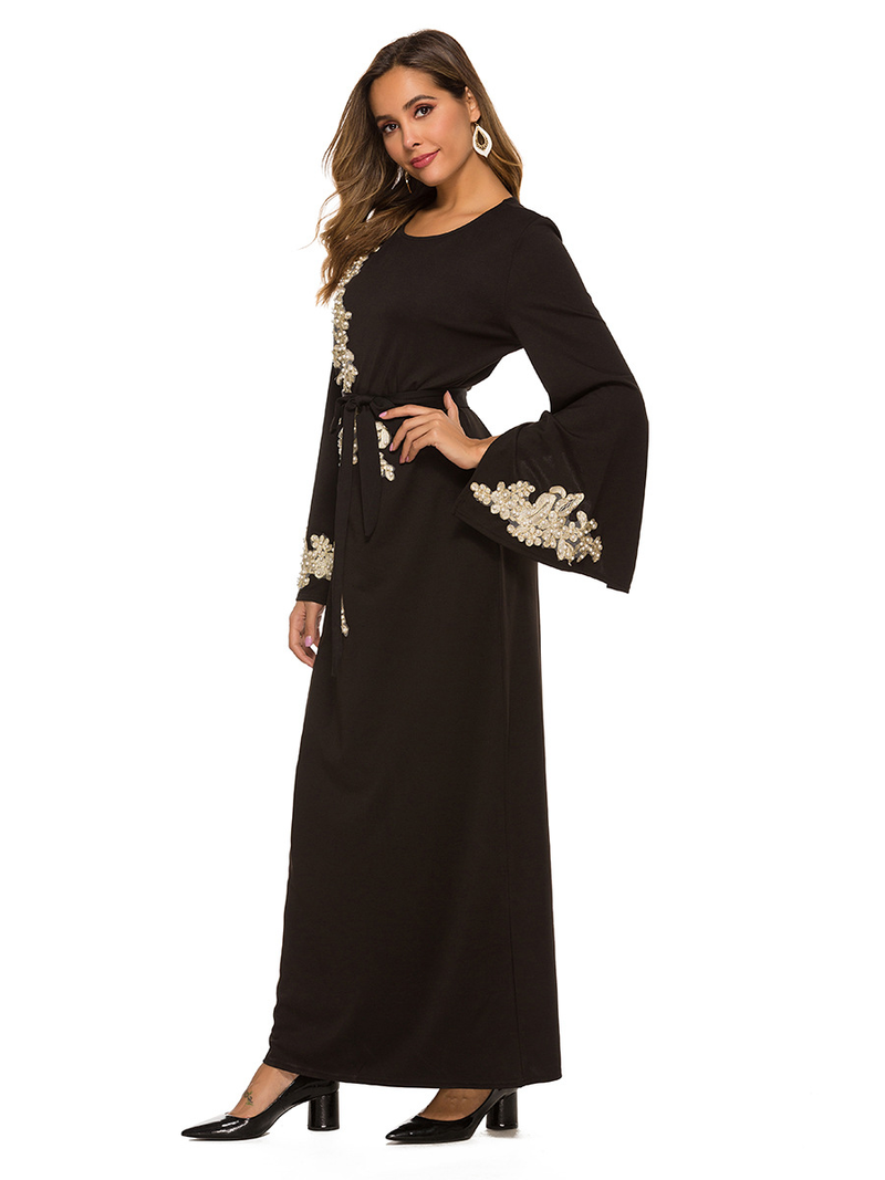 Damenbekleidung im neuen Stil, elegant, bestickt, langer Rock, Spitze, Perlen, Trompetenärmel, Schnürrock_voghion.com