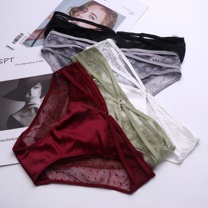 sexy underwear hollow cross temptation see-through lace underwear breathable cotton bottom file low-waist briefs women_voghion.com