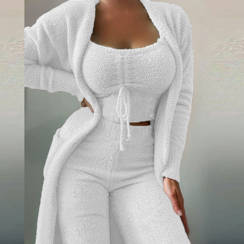 Damenmode lässig Plüsch Schnürung Strickjacke 3 Hosenanzüge_voghion.com