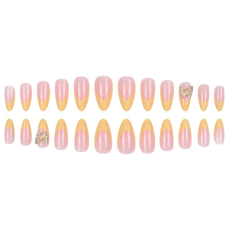 Eleganti unghie finte gialle alla francese con strass - Unghie finte per donna, corte e medie, design dolci ed eleganti (opzioni colla/adesivo)_voghion.com