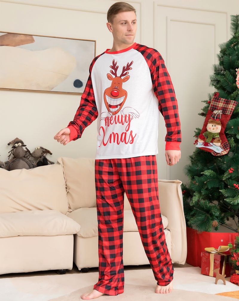 Independent Station Christmas Parent Child Set Cross Border Deer Letter Print Red Plaid Home Clothes Pajamas Soft Cute_voghion.com