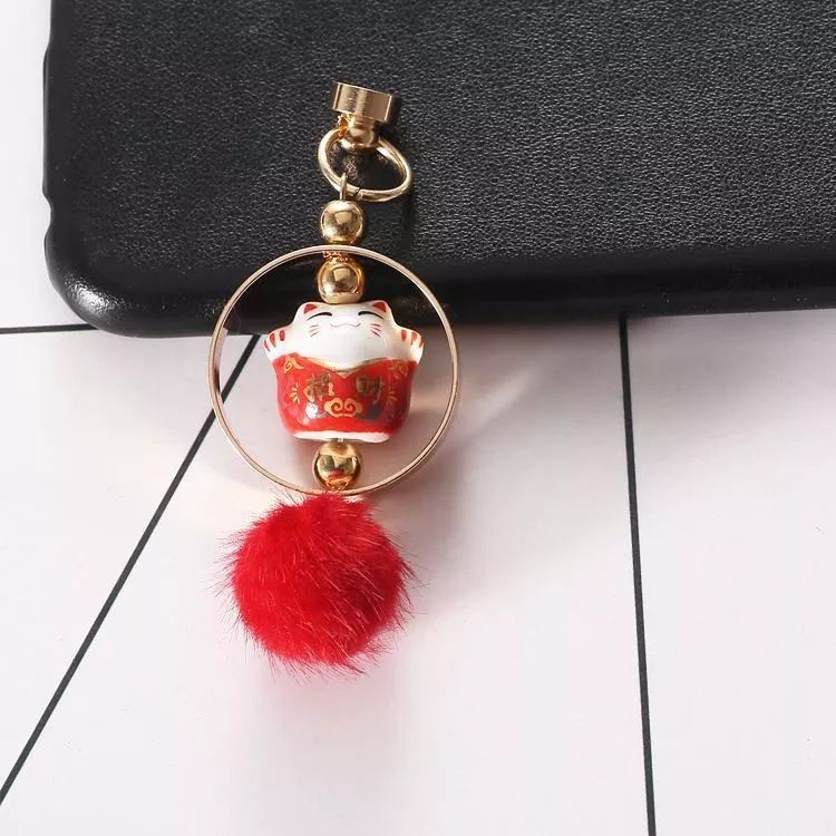 Schmuck des Jahres, Cartoon-Keramik-Glückskatze, Anhänger, künstliche Eisseide, Quaste, DIY-Zubehör für Handyhüllen_voghion.com