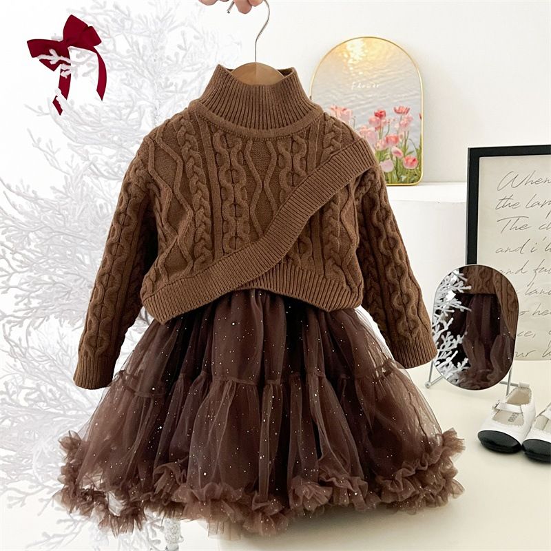 Mädchen Pullover Kleid Frühjahr Neue Stil Prinzessin Kleid Niedlich Gestrickte Tutu Rock Zwei Stück Set_voghion.com