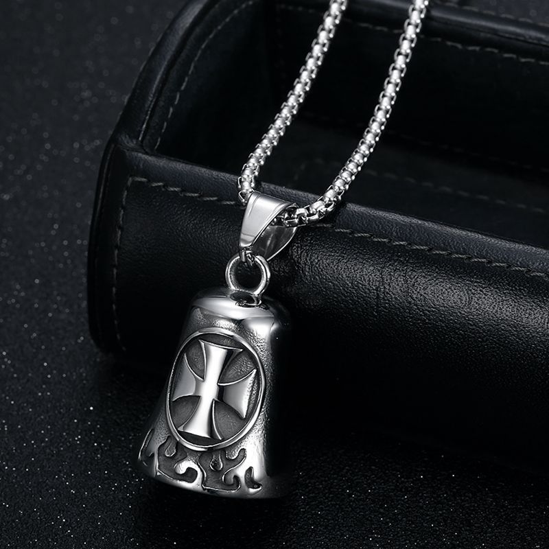 Collier pendentif cloche d'exorcisme en acier inoxydable poli avec croix_voghion.com