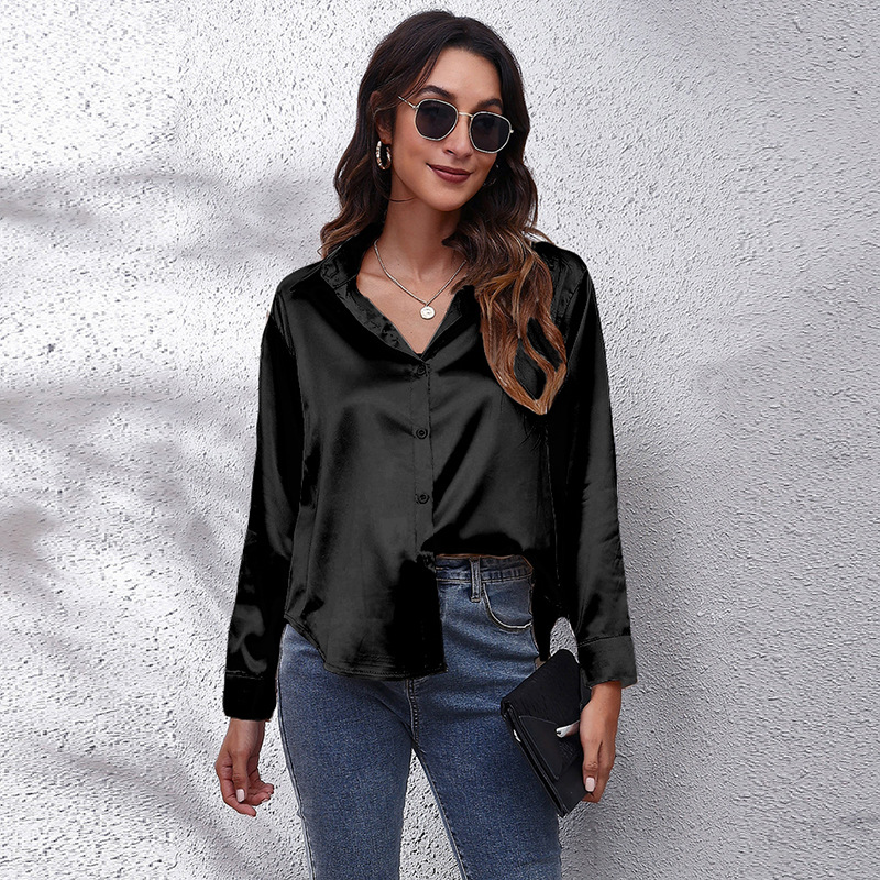 Women's clothing color D shirt satin silk imitation long sleeve shirt_voghion.com