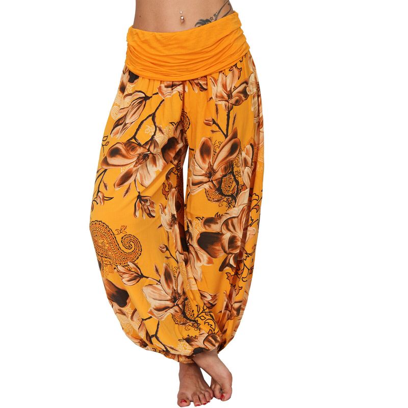 Plus Size Boho Pants, Women's Plus Floral Print Ruched Low Waist Loose Comfy Harem Pants_voghion.com
