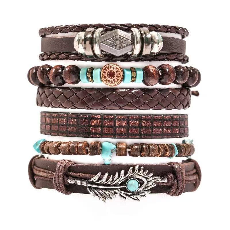 Mehrschichtiges, handgewebtes Armband mit Retro-Blumen und Pfauenfedern in Herzform aus Holzperlen_voghion.com