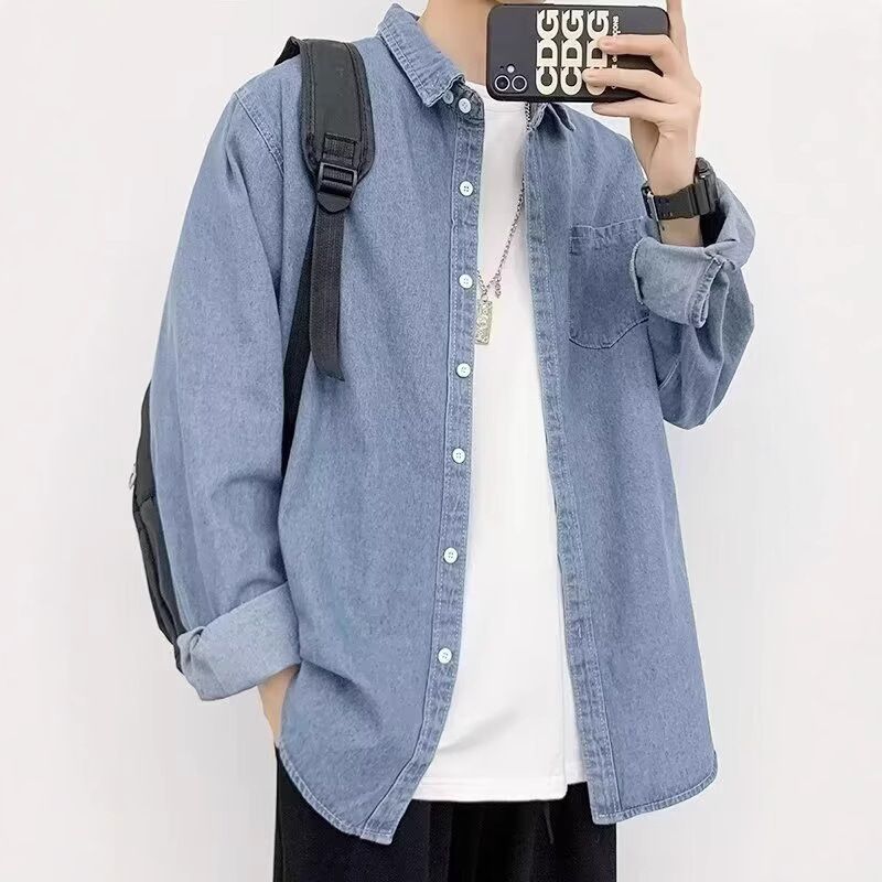 Camicia da lavoro a maniche lunghe in denim lavato da uomo, nuova tendenza primavera-autunno, casual, versatile ed elegante._voghion.com