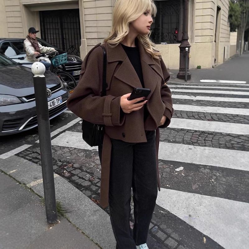 Abrigo largo de mezcla de lana para mujer: abrigo de invierno clásico estilo gabardina con solapa de muesca y diseño cruzado._voghion.com