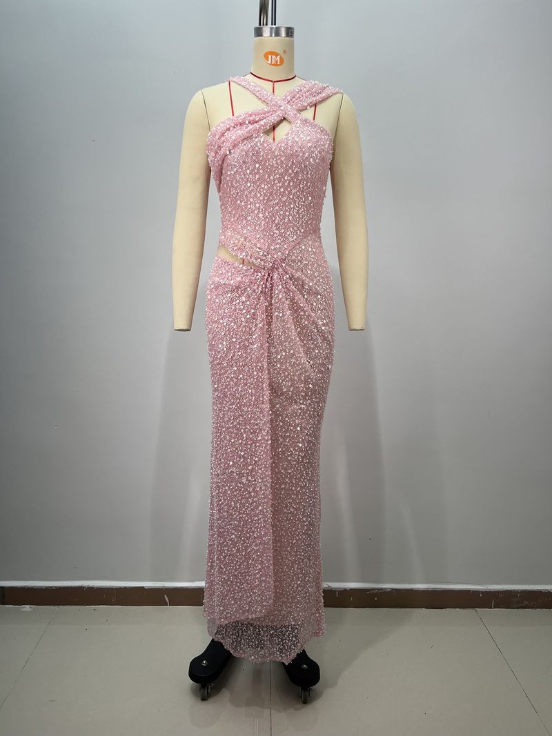 Robe sirène élégante à sequins et épaules dénudées pour femme – Robe de soirée moulante extensible avec décolleté perlé pour fêtes, rendez-vous et occasions spéciales_voghion.com