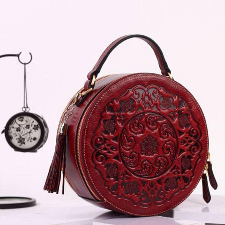 Borsa a tracolla monospalla in vera pelle, stile artistico estivo da donna, piccola borsa rotonda in pelle di vacchetta_voghion.com