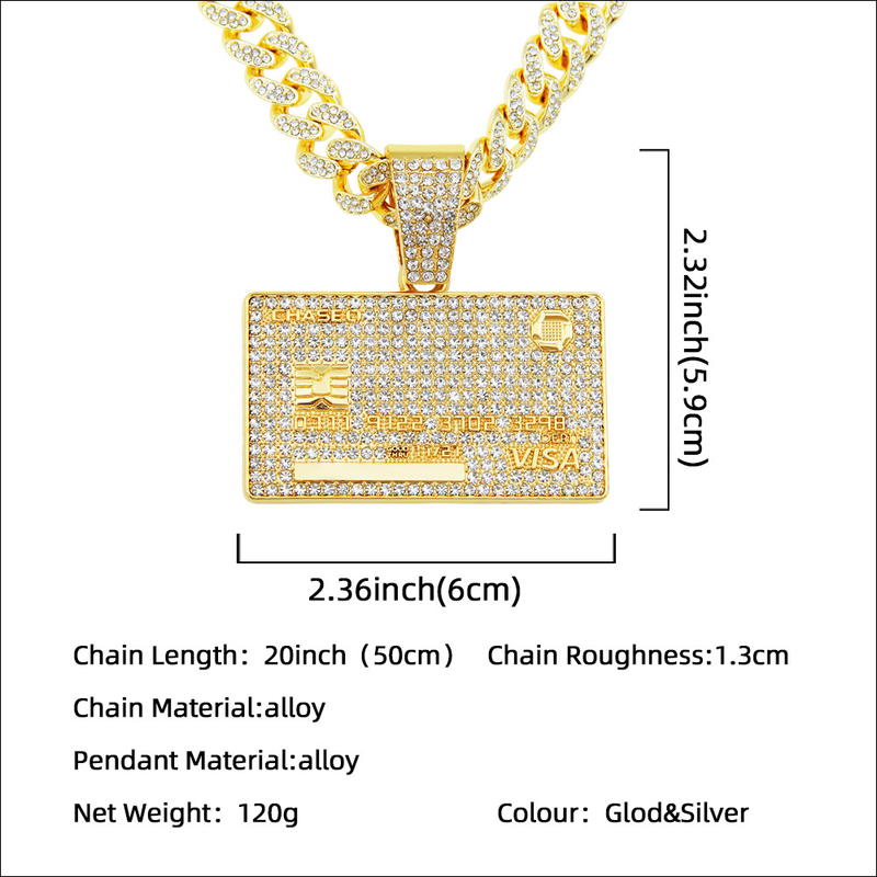 Men's Hip Hop Full Iced Out Credit Card Pendant Necklace With 13mm Width Cuban Chain Gold Color Necklaces Charm CZ Jewelry Gift_voghion.com