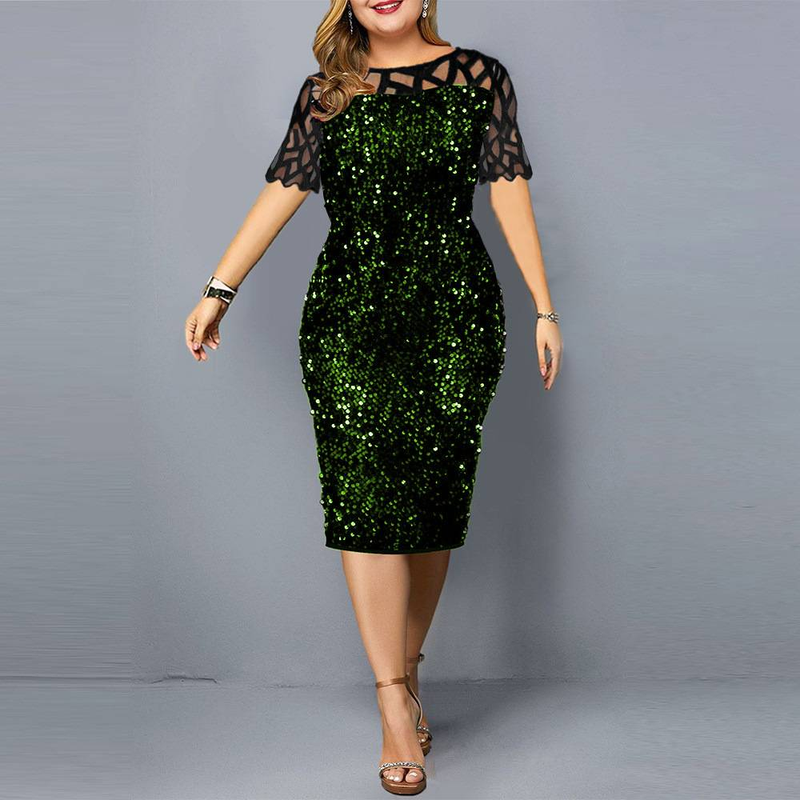 Dameskleding lente en herfst gepersonaliseerd paillettenontwerp plus size damesjurk 3 kleuren maat 7 korte mouwen_voghion.com