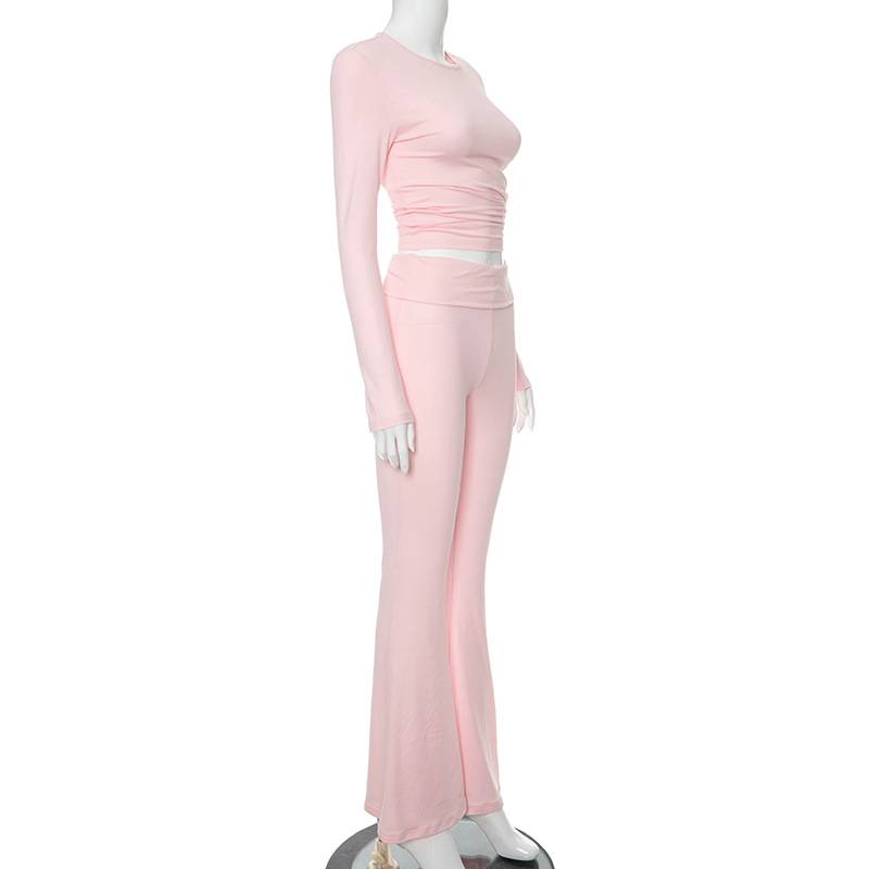 Naisten perus kaksiosainen asu, pitkähihainen crop top, taitettavat leggingsit, levenevät housut, yhteensopivat kaksiosaiset oloasut_voghion.com