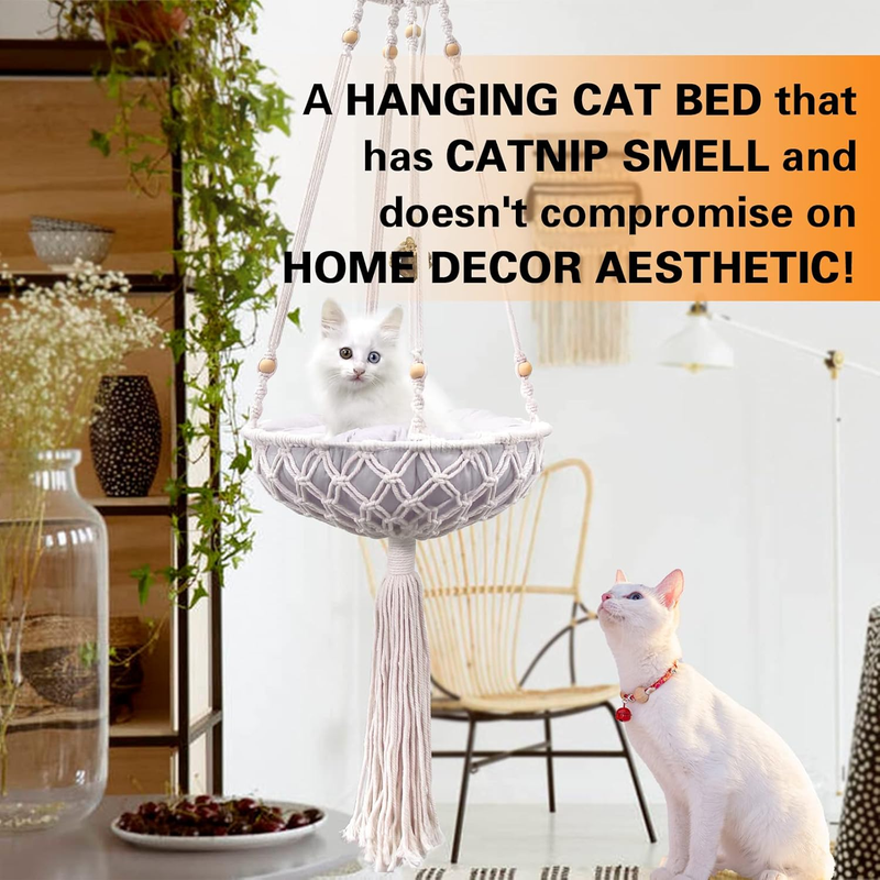 Boho handgewebtes Katzenhängemattenbett mit stabilem Eisenrahmen - Hängendes Katzenbett für große Katzen im Innenbereich, gemütliche Lounge & Wohndekor, einfache Installation_voghion.com