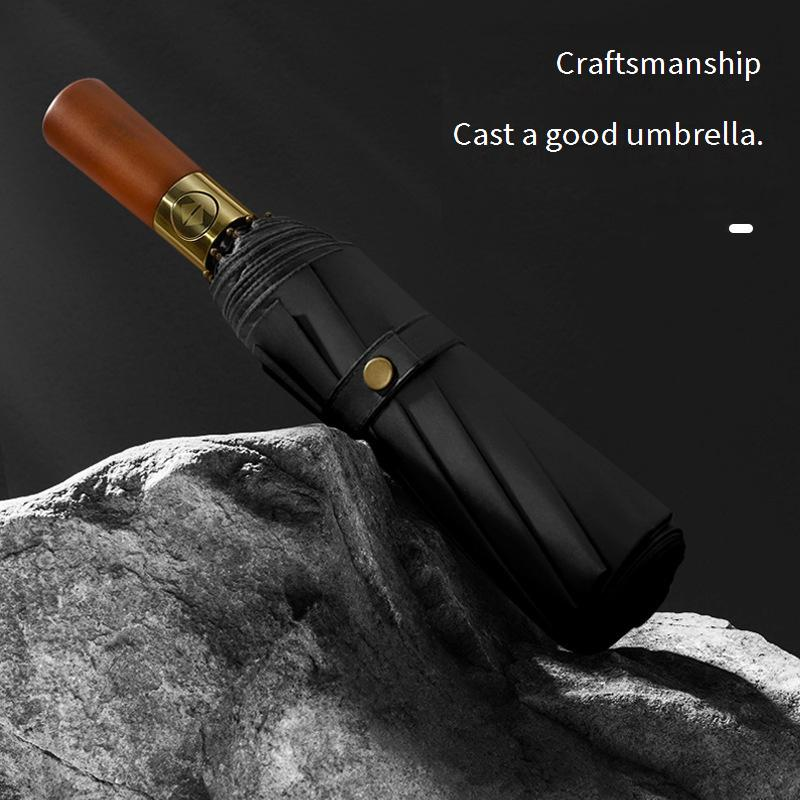 Ombrello pieghevole da uomo di alta qualità, completamente automatico, con manico in legno, con protezione solare, 10 Bone_voghion.com