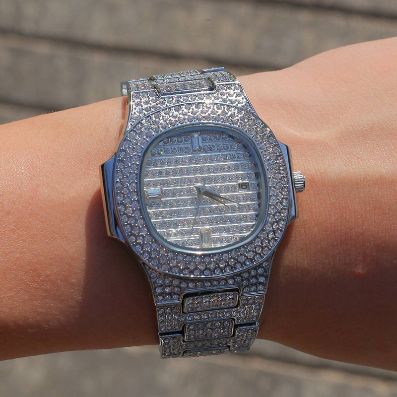 High-End-Hip-Hop-Mode Herrenuhr New Style Strap Diamant Kalender Quarzuhr Student Uhr_voghion.com
