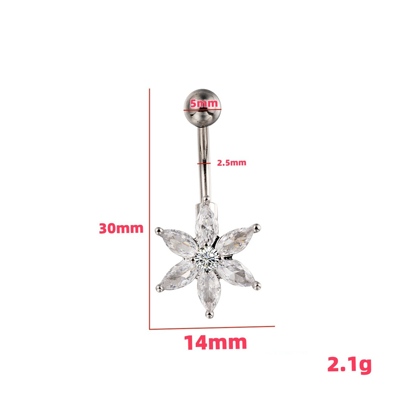 Anello per ombelico a forma di fiocco di neve con fiore portafortuna - Gioiello per piercing con diamanti (ipoallergenico, design alla moda)_voghion.com