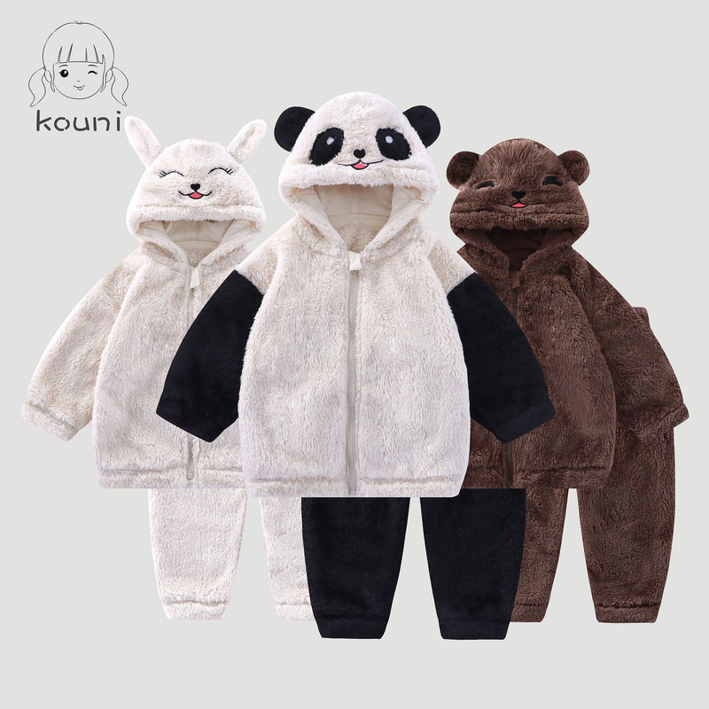 Pijama de peluche suave con capucha para niños pequeños y niños - Acogedora ropa de dormir de invierno con diseño de conejito, panda y oso (80-120 cm, unisex)_voghion.com