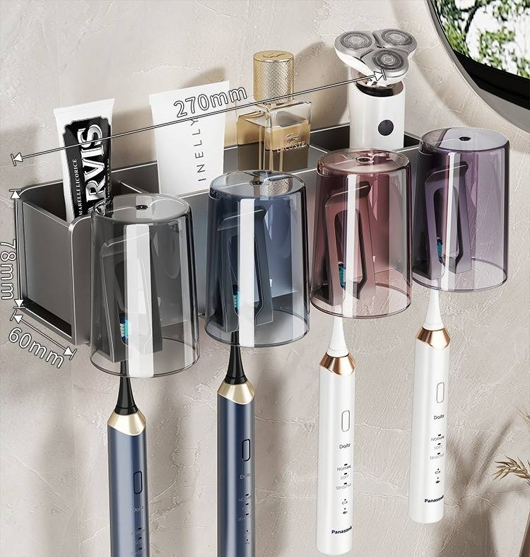 Gun Grey Wall-Mounted Toothbrush Holder With Detachable Toothpaste Squeezer & Matching Cups - Space-Saving Bathroom Organizer For Family Of 2/3/4_voghion.com