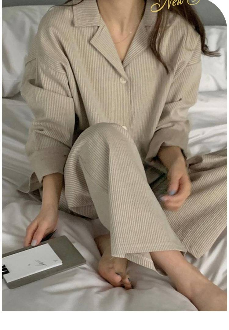 Pyjama à manches longues à rayures simples de style français Ins 2025 pour filles, ensemble de vêtements de détente décontractés et amples_voghion.com