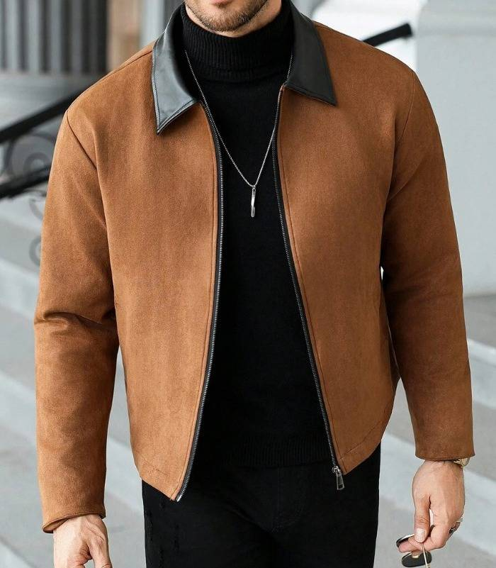 Men's Retro Woolen Coat With Leather Lapel & Zipper - Style Winter Jacket, Casual Solid Color Outerwear (S-XXL, Grey/Black/Caramel)_voghion.com