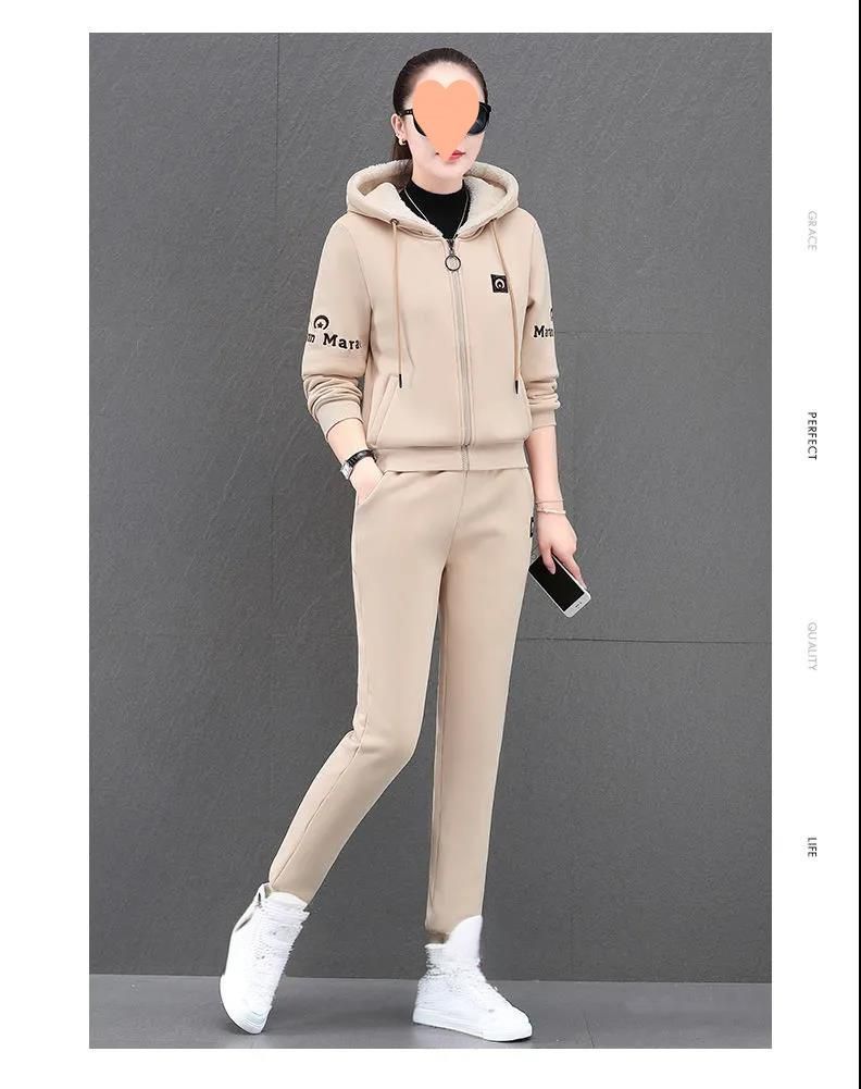 Women's Clothing Fleece-Lined Hoodie & Jogger Set - Winter Warmth Two-Piece Outfit, Plus Size 4XL, Soft Polyester, Geometric Print (Pink, Beige, Red)_voghion.com