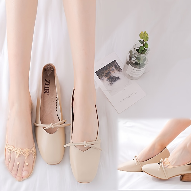 4 Pairs Summer Women Invisible Socks Cotton Shallow Mouth Socks Lace Boat Socks ,Women's Stockings & Hosiery_voghion.com