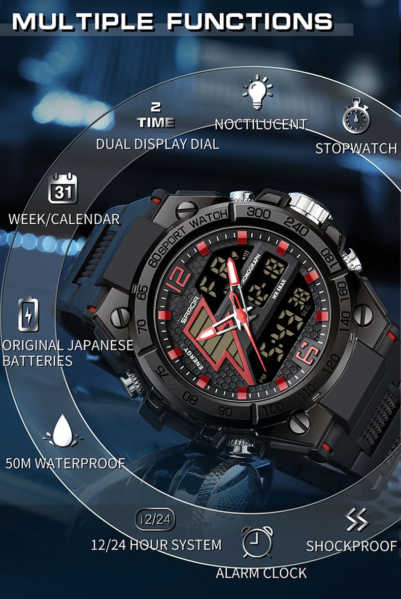 Men's Digital Analog Sports Watch With Luminous Display, 50M Waterproof, Alarm & Stopwatch – Stylish Black Tech Design Alarm Clock Chronograph Watch_voghion.com