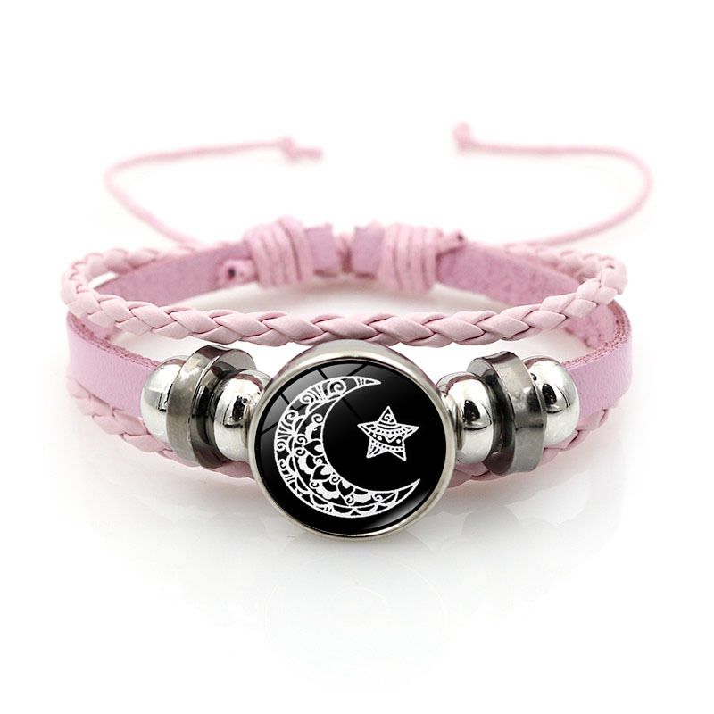 Pulsera tejida de cuero punk multicapa con cuentas para amantes del sol y la luna (2024)_voghion.com