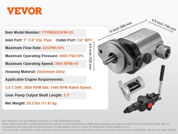 VEVOR Hydraulic Wood Log Splitter Pump Kit, 22GPM, 2 Stage 4000PSI Aluminum Hydraulic Gear Pump, With Valve Coupling Installation Base 3/4'' NPT Outlet 3600 RPM, For Small Engine Mounting Log Splitter_voghion.com